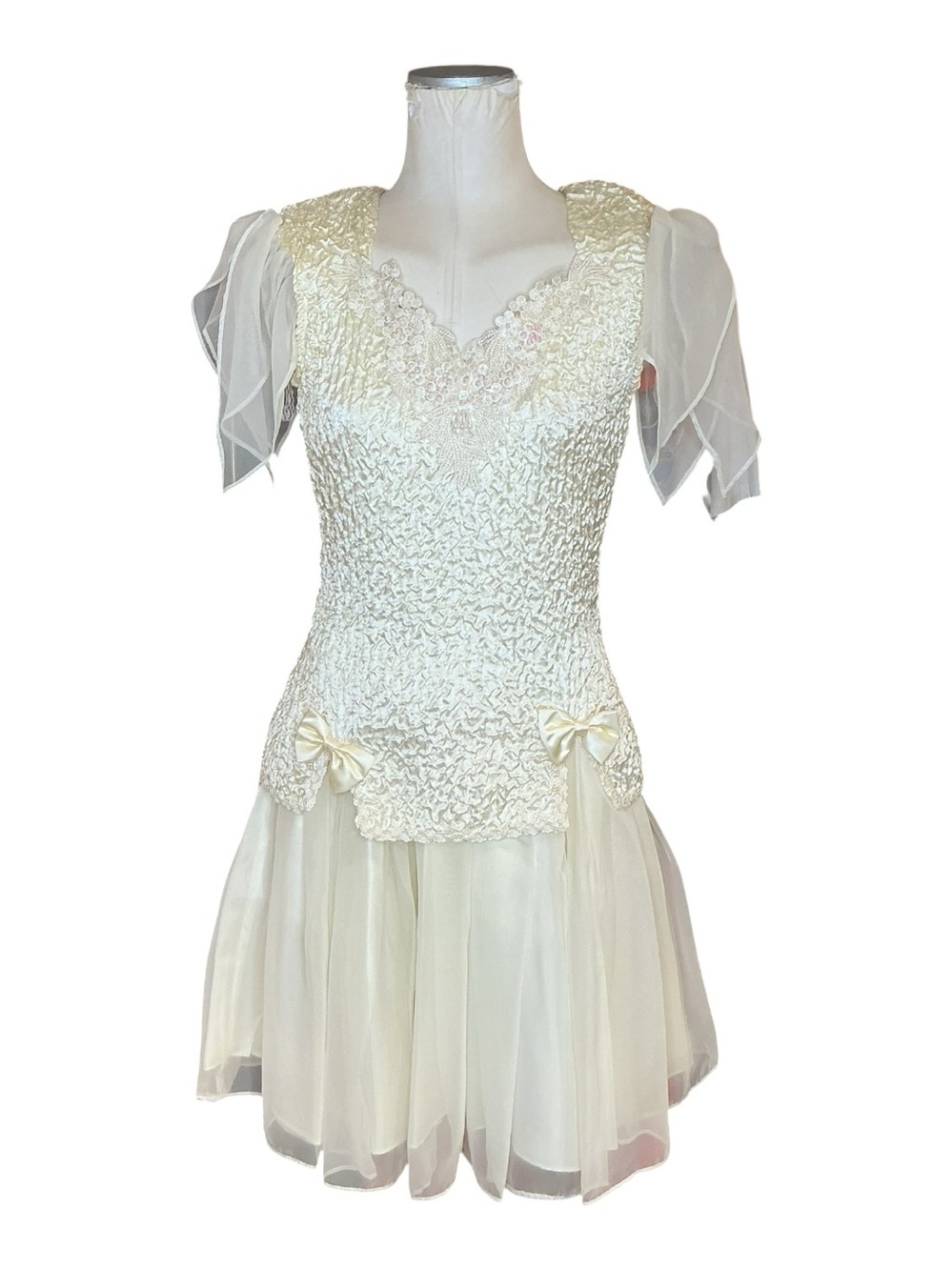 Vintage 1960s Drop Waist Beaded Sequin Mini Wedding Dress with Bows